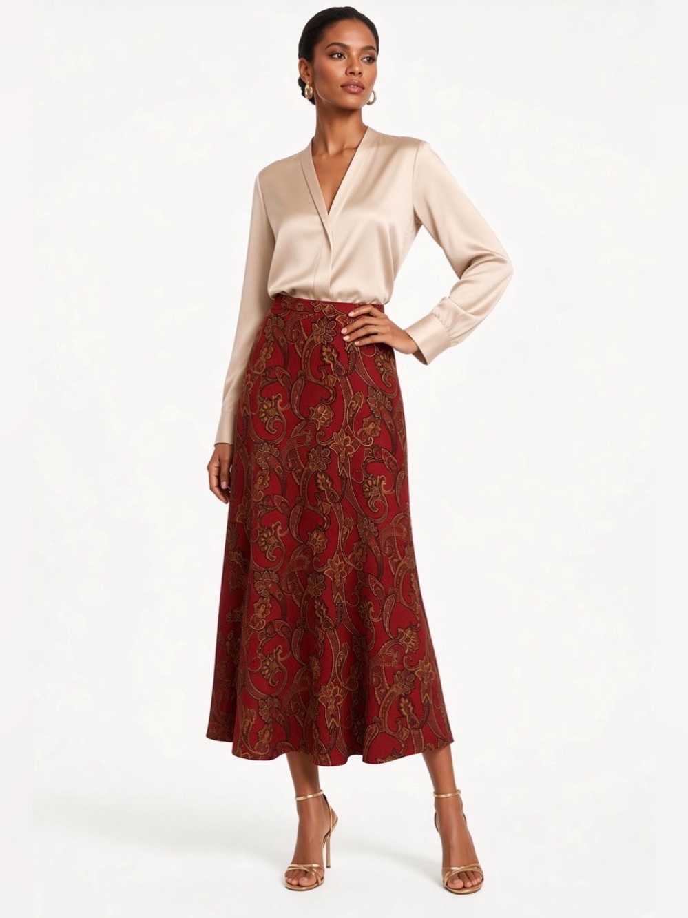Vintage Jones New York 100% Silk Red Paisley Midi Skirt - Boho Chic